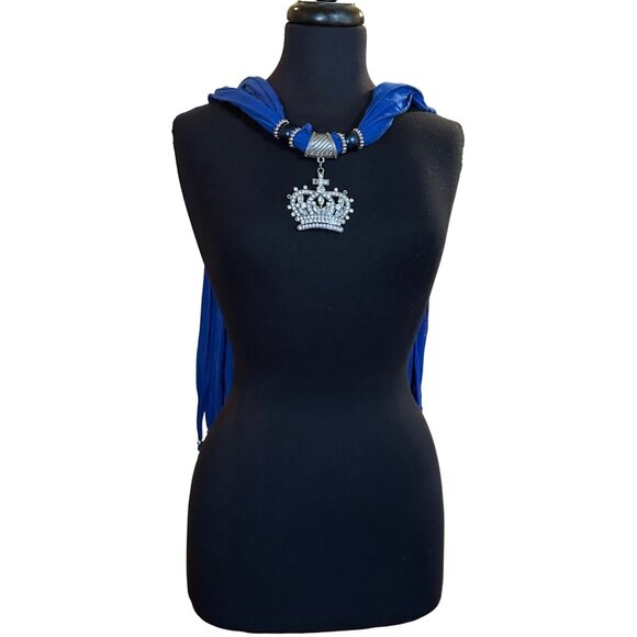 Blue Scarf w/Silver Chain Crown Gem Pendant (Brand Unknown-READ) - Picture 2 of 16